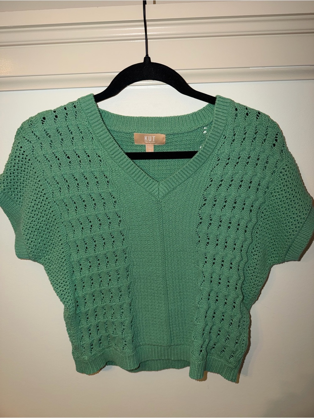 Green V Neck Sweater Short Sleeve Top with Knit Detail Size XS